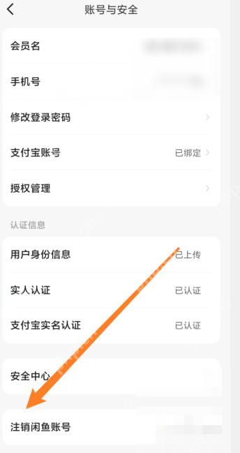 闲鱼账号与安全页面用箭头标出注销闲鱼账号入口,同时可见支付宝账号已绑定状态