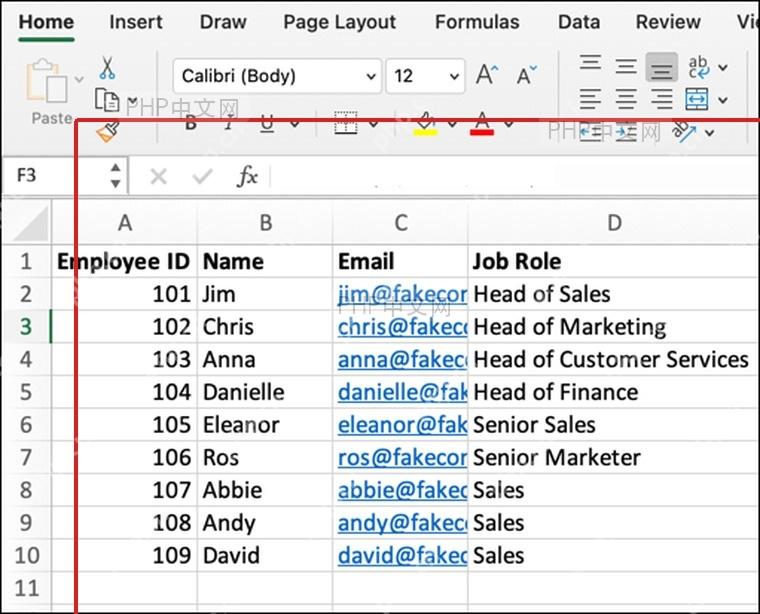 Excel XLOOKUP 示例数据表:员工编号、姓名、邮箱和岗位列用于精准查找
