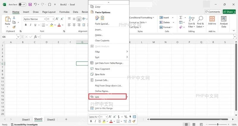 Excel 右键菜单中选择 Link 链接入口,用于给单元格添加超链接