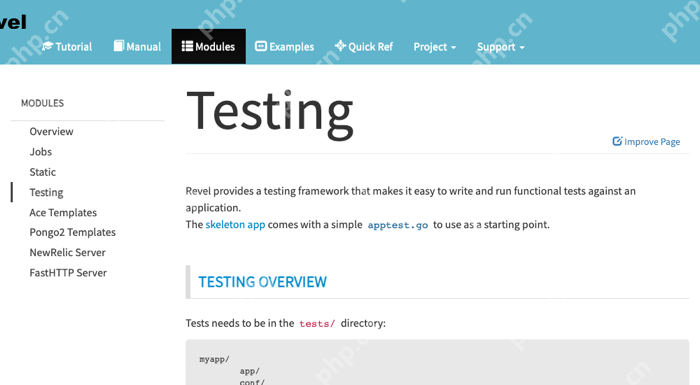 Revel 官方 Testing 模块文档说明 tests 目录与 apptest.go 起步文件,证明框架测试模块的文档约定