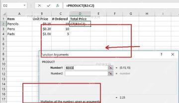 Excel PRODUCT 函数参数窗口填写参与乘积运算的单元格区域