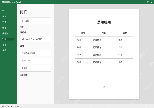 模拟 Microsoft Excel Windows桌面版 完整窗口：翻到打印预览第二页，核对标题和数据