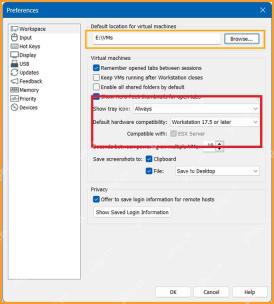 VMware Workstation Preferences Workspace 页面显示 Keep VMs running after Workstation closes