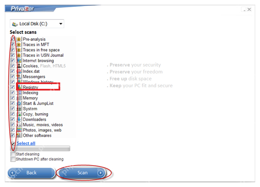 PrivaZer Windows history 项用于清理资源管理器和系统搜索记录