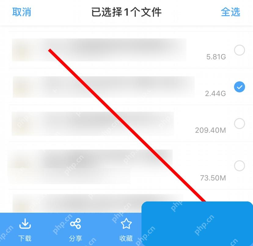百度网盘 App 已选择一个文件的底部操作栏