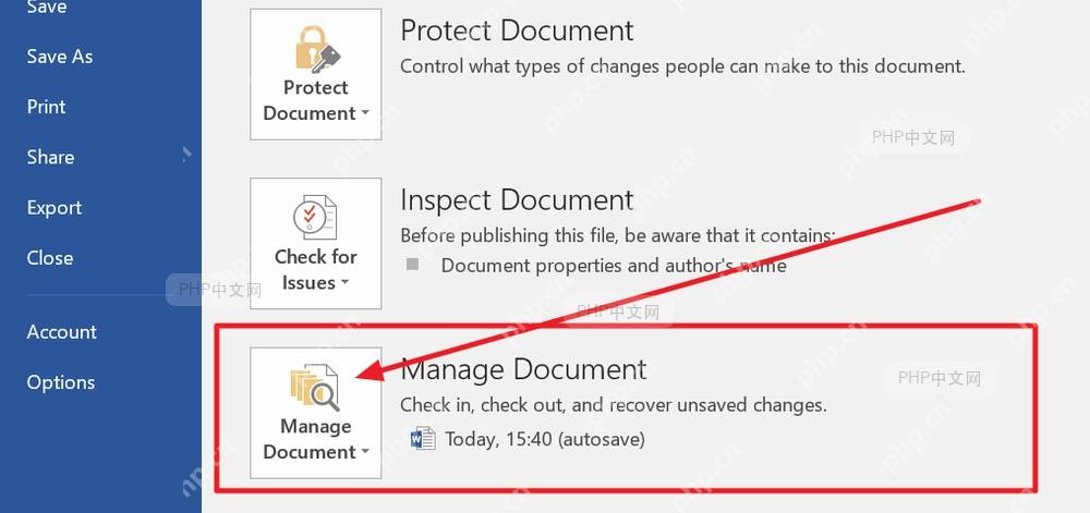 Word 信息页中的 Manage Document 按钮,用于查找未保存或自动恢复的文档