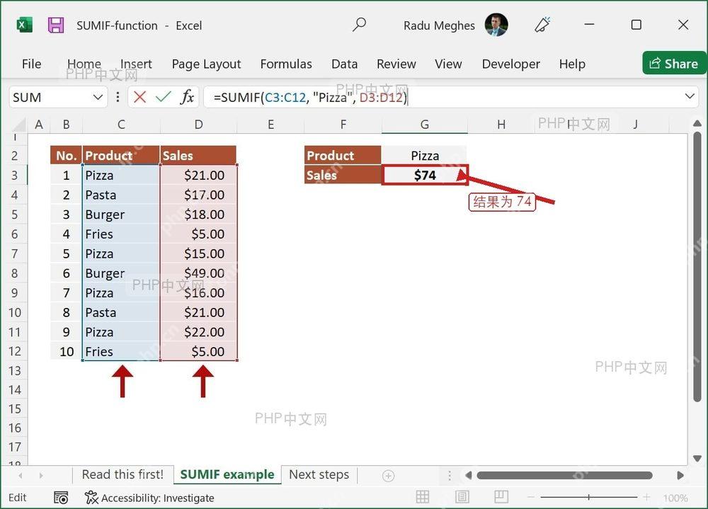 Excel 中 SUMIF 计算结果 74 被标出