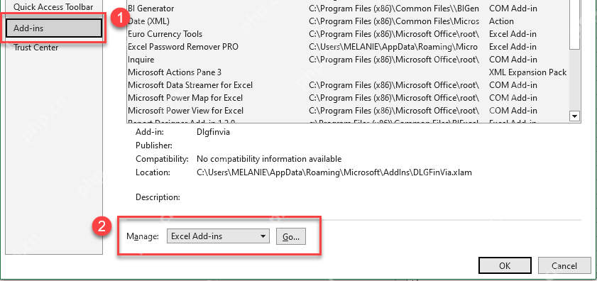 Excel 选项里选择加载项并打开 Excel 加载项管理入口