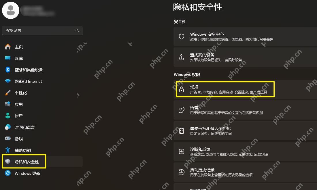 Windows 11 设置中隐私和安全性下的常规入口