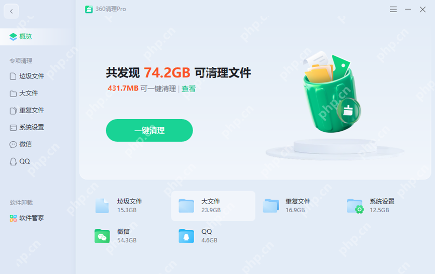 360清理Pro概览页已经高亮大文件等分类卡片,适合从这里缩小清理范围。
