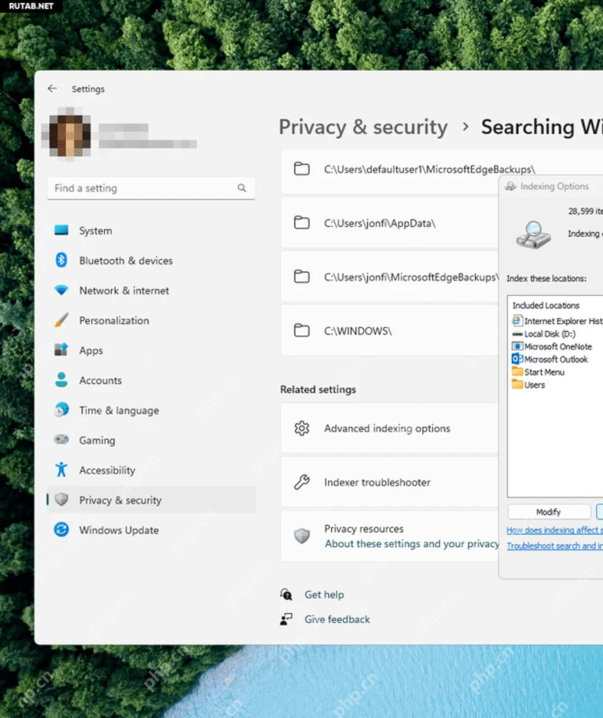 Win11怎么重建Windows搜索索引：点击 Advanced indexing options