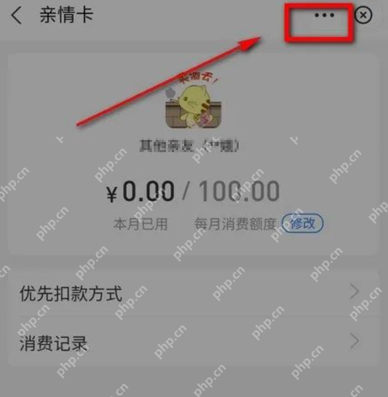 支付宝亲情卡详情页用红框和箭头标出右上角更多入口，证明打开卡片管理菜单的步骤