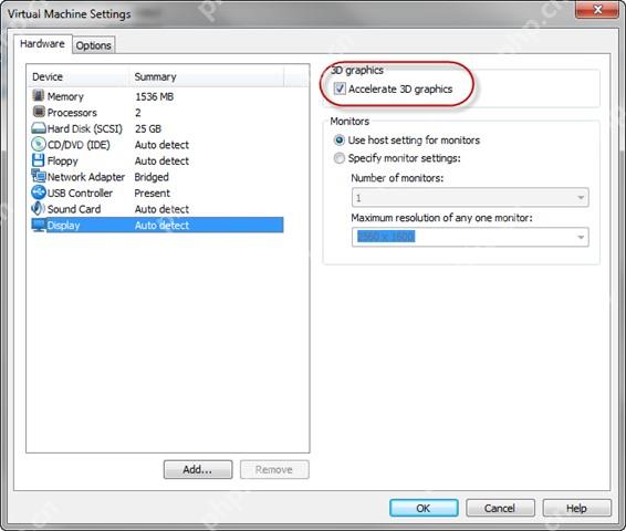 VMware Workstation Virtual Machine Settings 窗口选中 Display 并显示 3D graphics 区域
