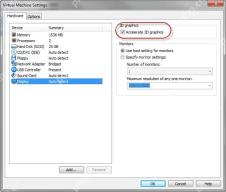 VMware Workstation Virtual Machine Settings 窗口选中 Display 并显示 3D graphics 区域