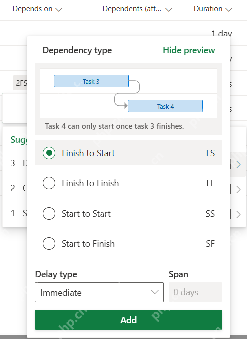Planner 依赖设置面板中选择 Finish to Start 等依赖类型