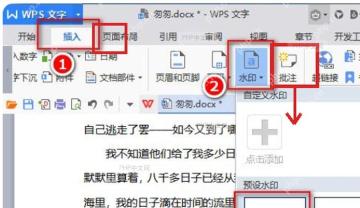 WPS 文字插入选项卡中的水印按钮和展开菜单