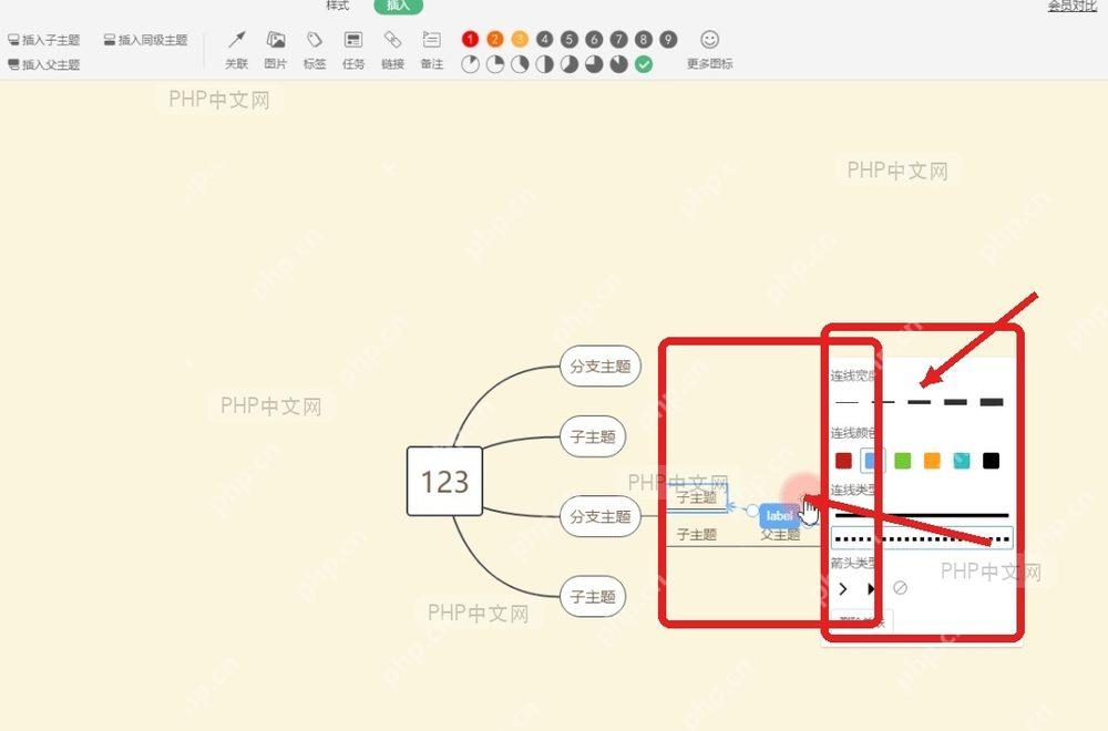 WPS 思维导图关联线被选中后弹出的样式面板，服务于第3步打开样式面板