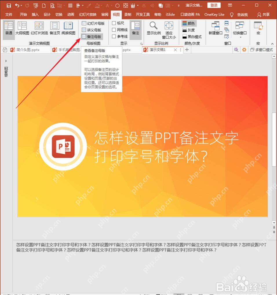 PowerPoint视图选项卡中进入备注母版调整备注打印样式