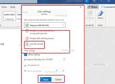 Word 的 Link settings 窗口中 Specific people 和 Allow editing 选项