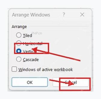 Excel 重排窗口对话框中选择垂直并排并确认