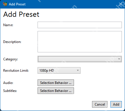 HandBrake Windows Add Preset窗口填写名称分类与分辨率限制的英文操作截图