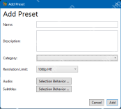 HandBrake Windows Add Preset窗口填写名称分类与分辨率限制的英文操作截图