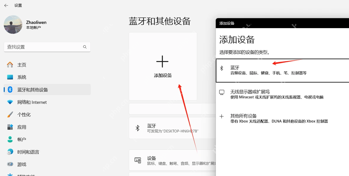 Win11 蓝牙和其他设备页面点击添加设备并选择蓝牙