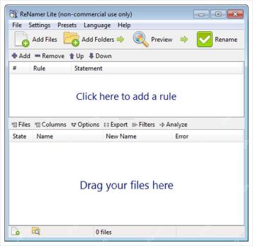 ReNamer 主界面包含 Rules 区和 Files 区,执行前需要先加入文件与规则。