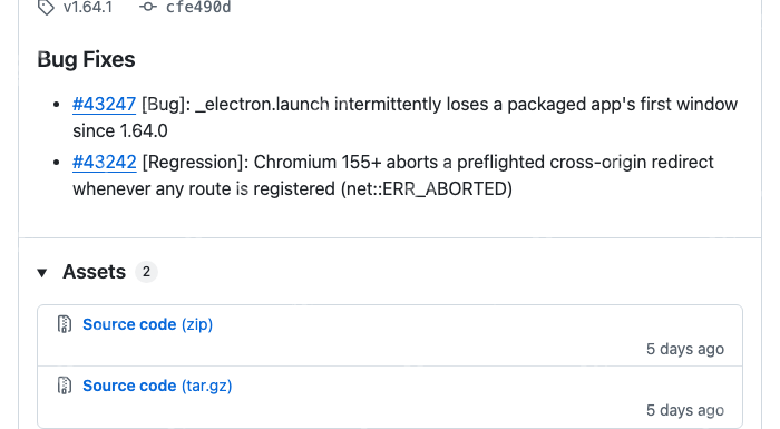 Playwright 官方 v1.64.1 发布记录列出 Electron 首窗口丢失与 Chromium 预检跨域重定向两项修复