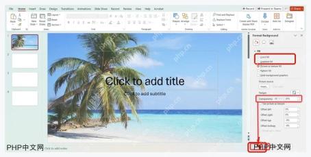 PowerPoint 设置背景格式面板中调整透明度并点击全部应用
