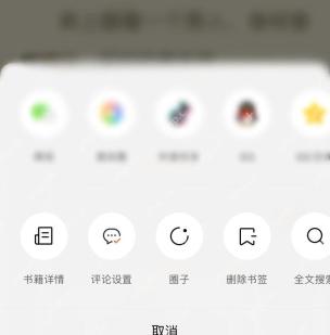 番茄小说阅读页底部功能面板,书籍详情、评论设置、圈子、删除书签和全文搜索可见