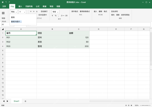 模拟 Microsoft Excel Windows桌面版 完整窗口:Excel 先选区域,再点复制为图片