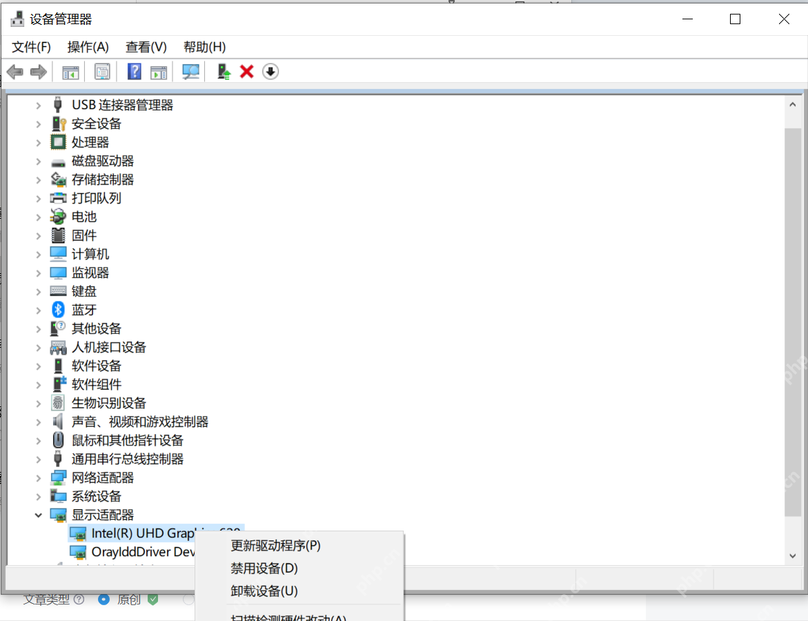 Windows 设备管理器中右键显示适配器检查驱动选项