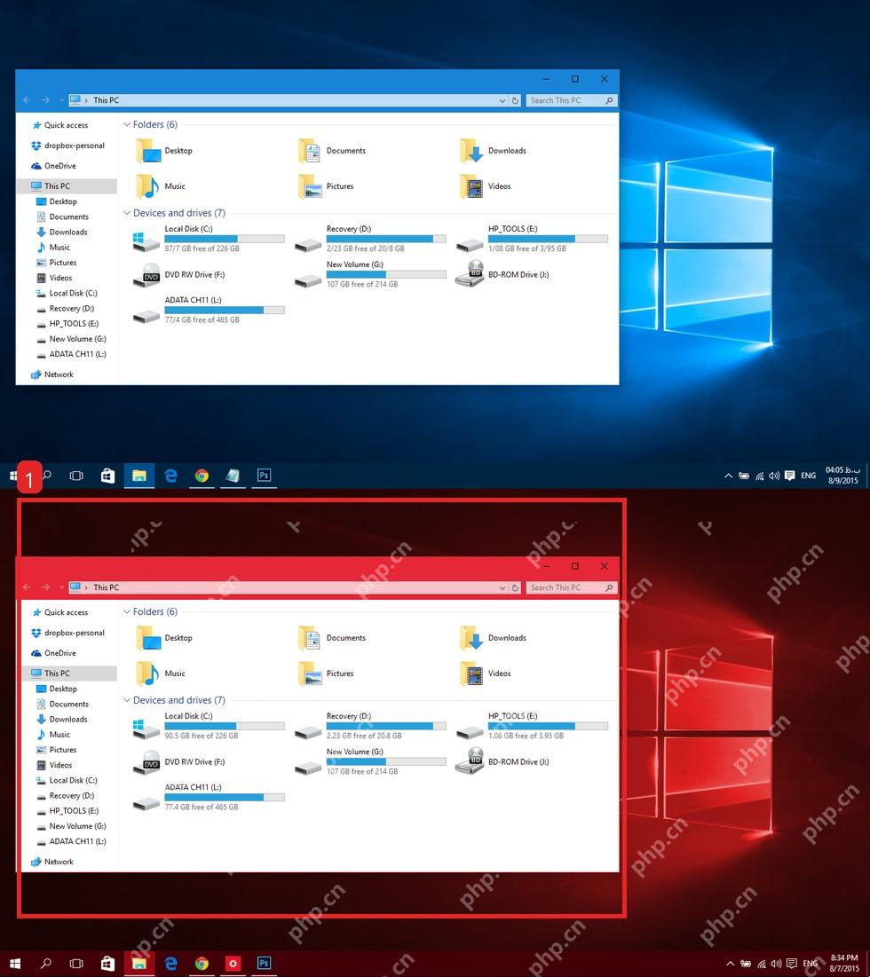 Windows10 窗口边框和标题栏显示强调色后的效果