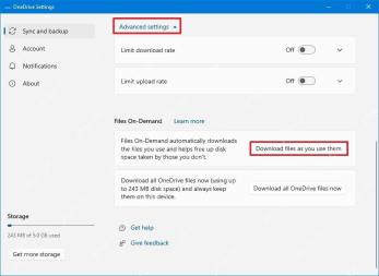 OneDrive Settings中Advanced settings和Files On-Demand区域用于调整按需下载避免文件打不开