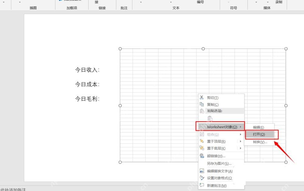 PowerPoint 中右键打开 Excel 工作表对象