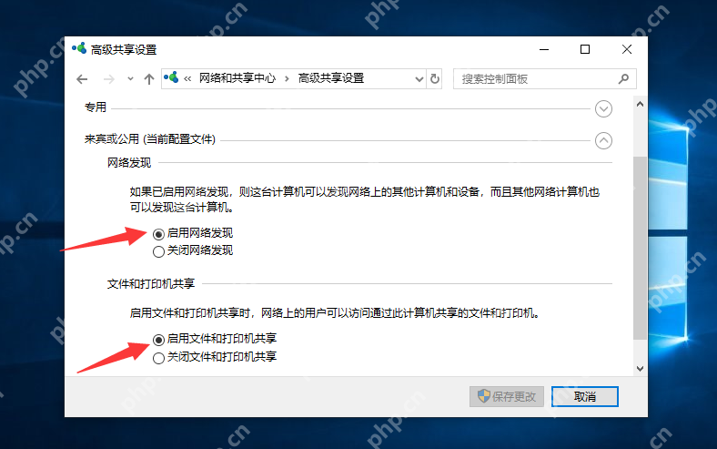 Win10 高级共享设置中的启用网络发现和文件打印机共享