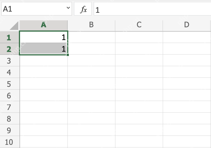 Excel 选择 A1 到 A2 两个起始数字准备拖动填充柄