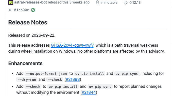 Astral uv 0.12.18 官方发布记录说明 Windows wheel 安装路径穿越修复