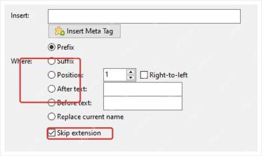 Insert 规则中 Position、Before text、Replace current name 和 Skip extension 可控制插入位置。