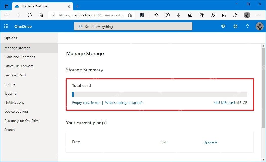 OneDrive Manage Storage页面显示Total used和Free 5 GB当前计划