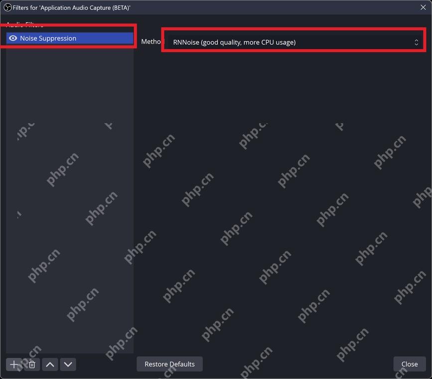 OBS Studio Noise Suppression 滤镜窗口显示 RNNoise 方法选项