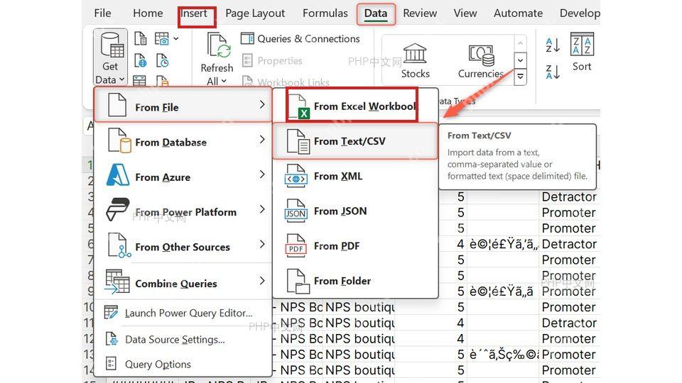 Excel 外部数据导入界面,第一步:打开获取数据入口,关键入口和数据区域已标出
