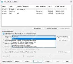 VMware Workstation Virtual Network Editor 中 VMnet0 Bridged 下拉选择物理网卡