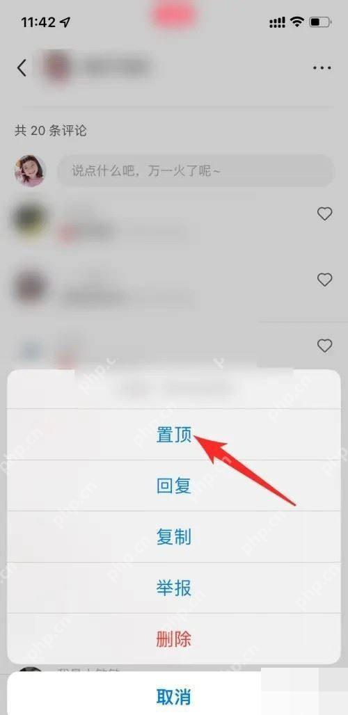 小红书评论区长按评论后出现操作菜单