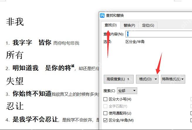 WPS文字打开查找和替换高级搜索窗口