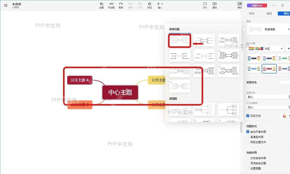 WPS 思维导图结构缩略图中左右分布样式和切换后的脑图画布