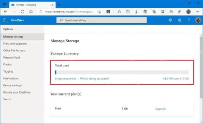 OneDrive管理存储页面显示Total used总用量进度条,用于判断空间是否满