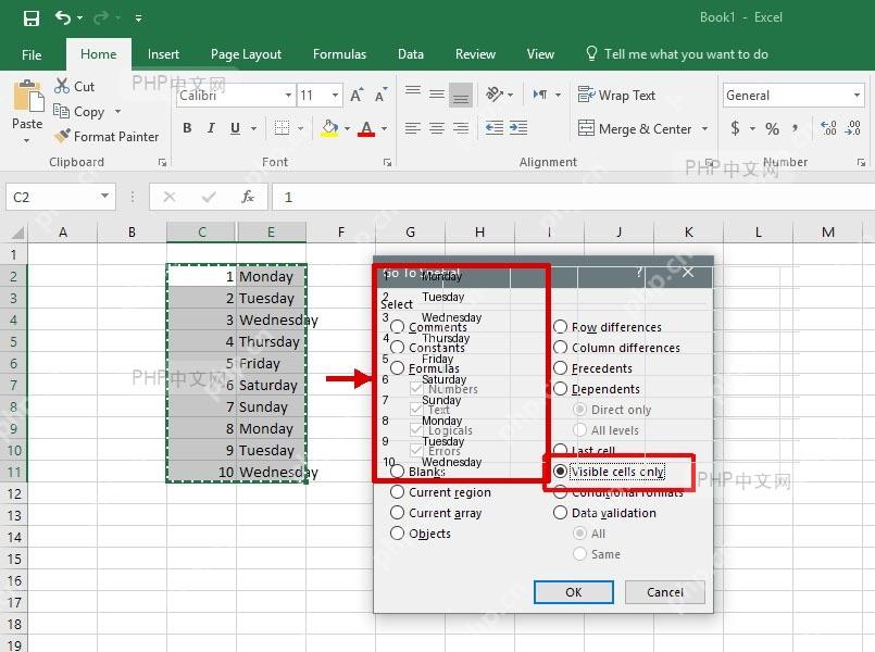 Excel 工作表中把可见单元格复制到右侧目标区域后的结果