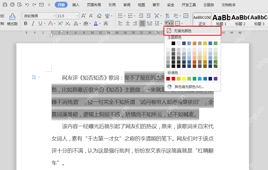 WPS文字底纹颜色菜单中选择无填充颜色